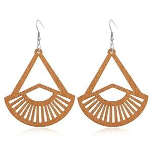 New- Geometric Art Deco Fan Big Wooden Drop Dangle Earrings